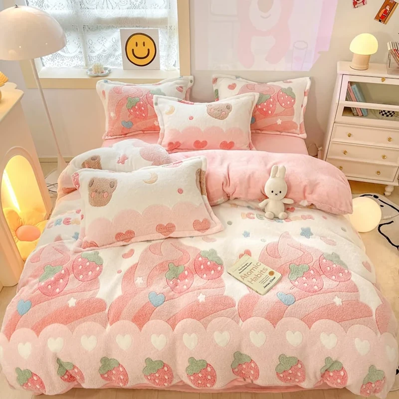 CinYana Pink Strawberry Duvet Cover Set Fluffy Duvet Cover Kawaii Cartoon Comforter Cover Soft Kids Duvet Cover Queen Bedding Set (Strawberry, Queen)