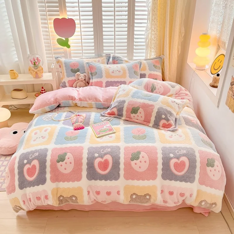 CinYana Plaid Duvet Cover Set Floral Duvet Cover Fluffy Comforter Cover Kawaii Cartoon Bunny Comforter Cover Soft Kids Duvet Cover Queen Bedding Set (Lovely Grid, Queen)