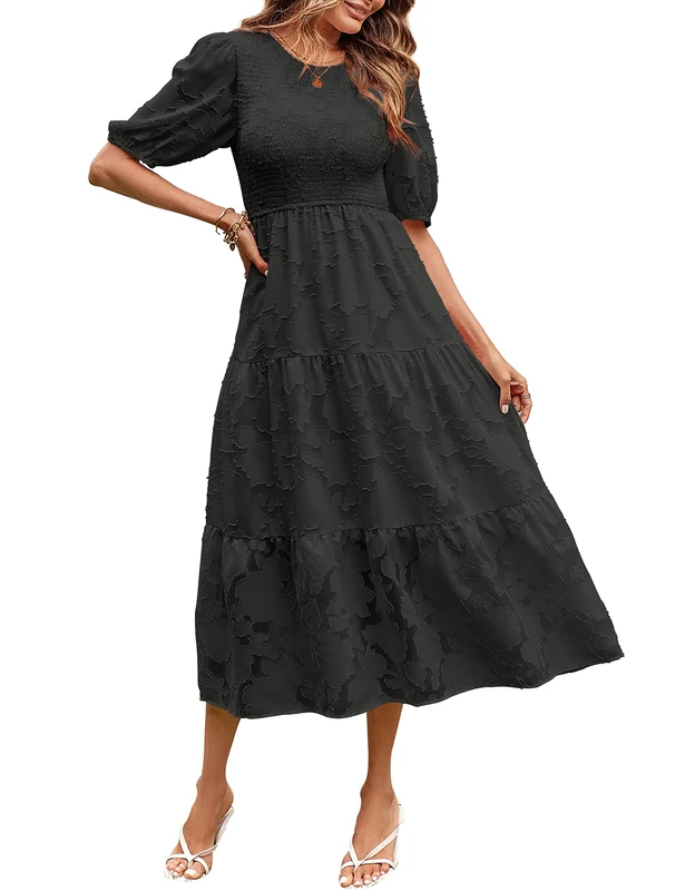 Merokeety Women's 2024 Summer Puff Sleeve Smocked Floral Dress Crewneck Lace Flowy Tiered Midi Dresses, Black, M