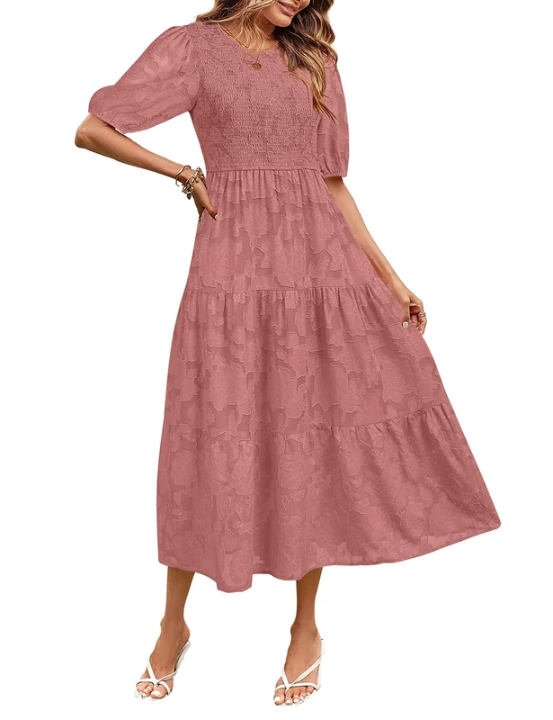 Merokeety Women's 2024 Summer Puff Sleeve Smocked Floral Dress Crewneck Lace Flowy Tiered Midi Dresses, Tea Rose, M