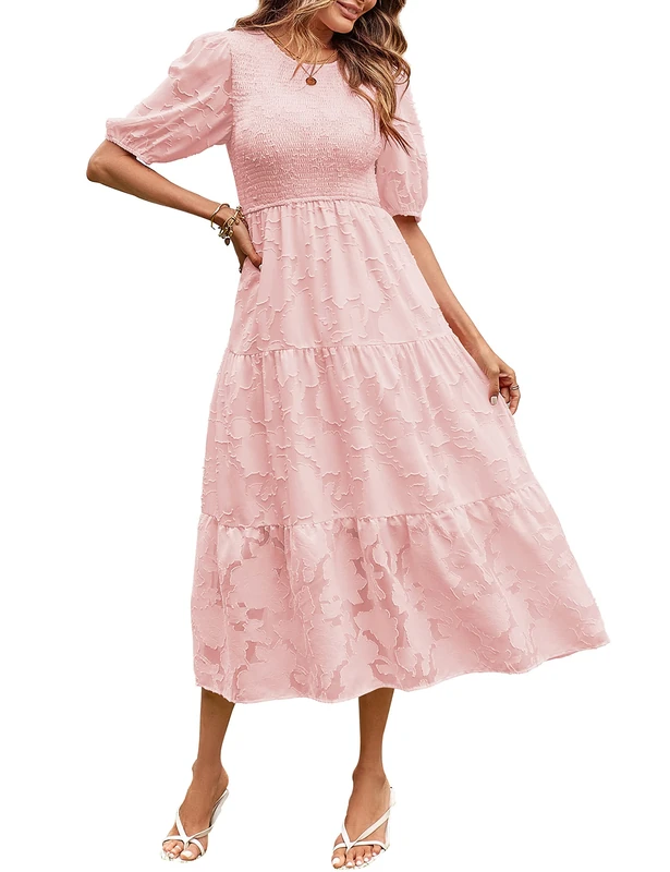Merokeety Women's Summer Puff Sleeve Smocked Floral Dress Crewneck Lace Flowy Tiered Midi Dresses, Pink, Large