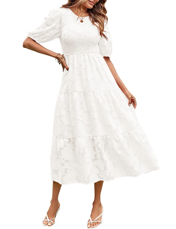 Merokeety Women's Summer Puff Sleeve Smocked Floral Dress Crewneck Lace Flowy Tiered Midi Dresses, White, Small