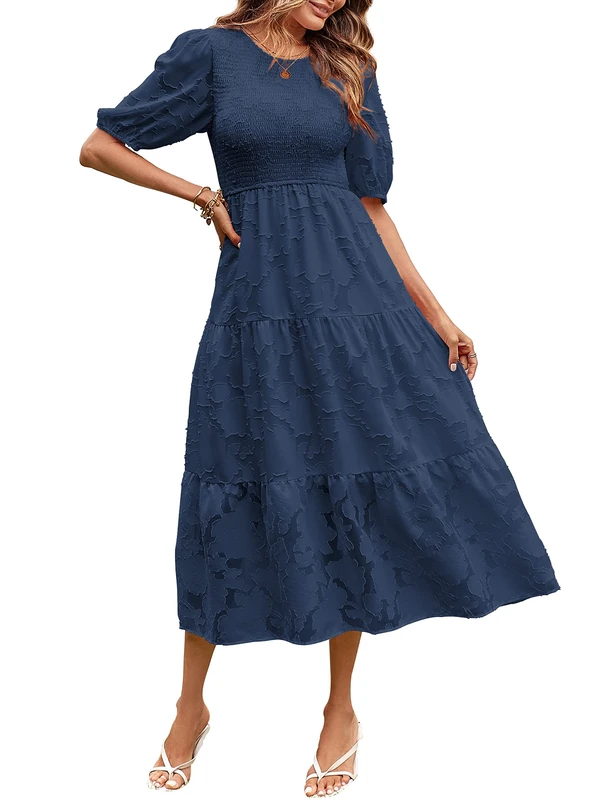 Merokeety Women's 2025 Summer Puff Sleeve Smocked Floral Dress Crewneck Lace Flowy Tiered Midi Dresses, Navy, S