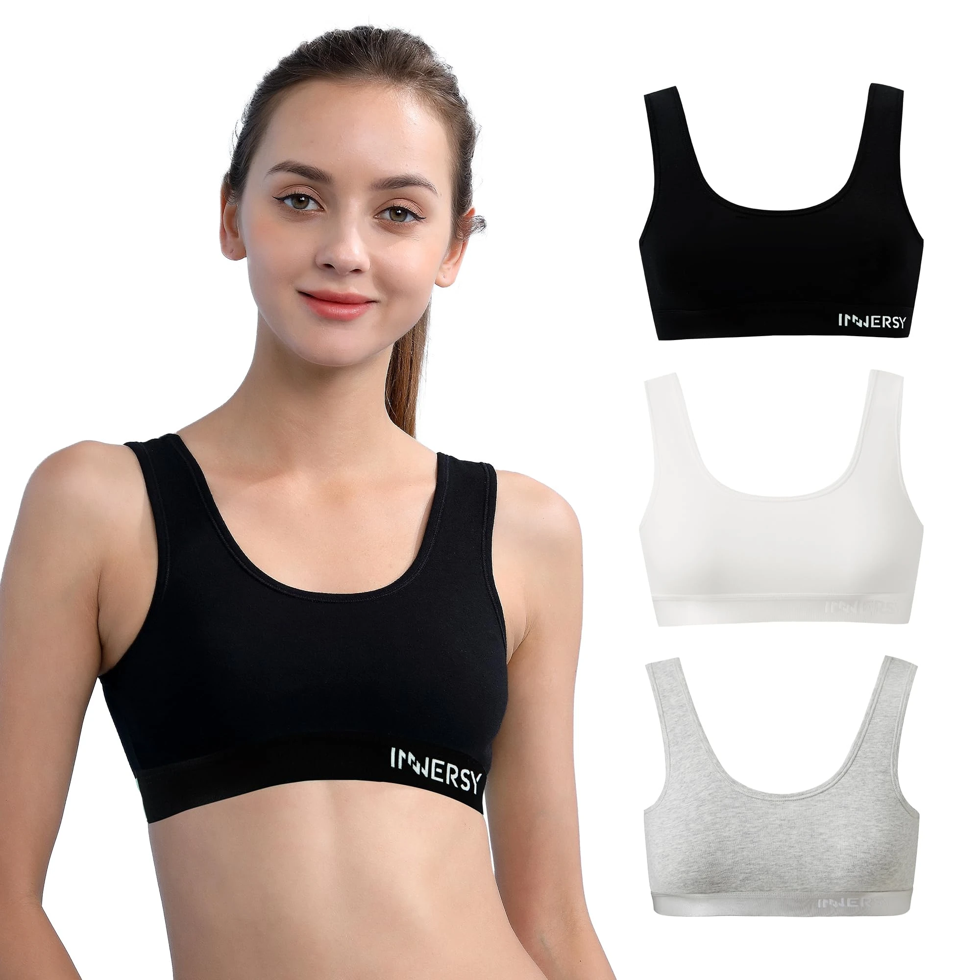 INNERSY Girls Sports Bra White Crop Tops Kids Teen Black Bralette Grey Training Underwear 3 Pack (L, Basic Black/White/Grey)