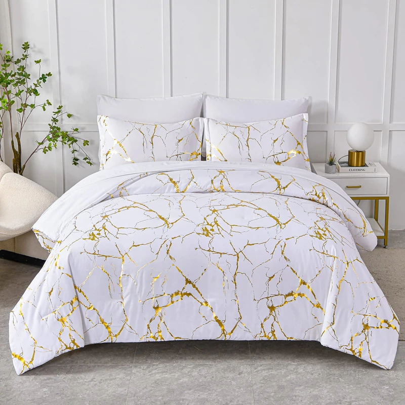 Yogeneg Gold Metallic Marble King Size Comforter Set,7 Piece Bed in a Bag,Foil Print Glitter White Comforter and Sheet Set,All Season Soft Microfiber Complete Bedding Sets(White,King)