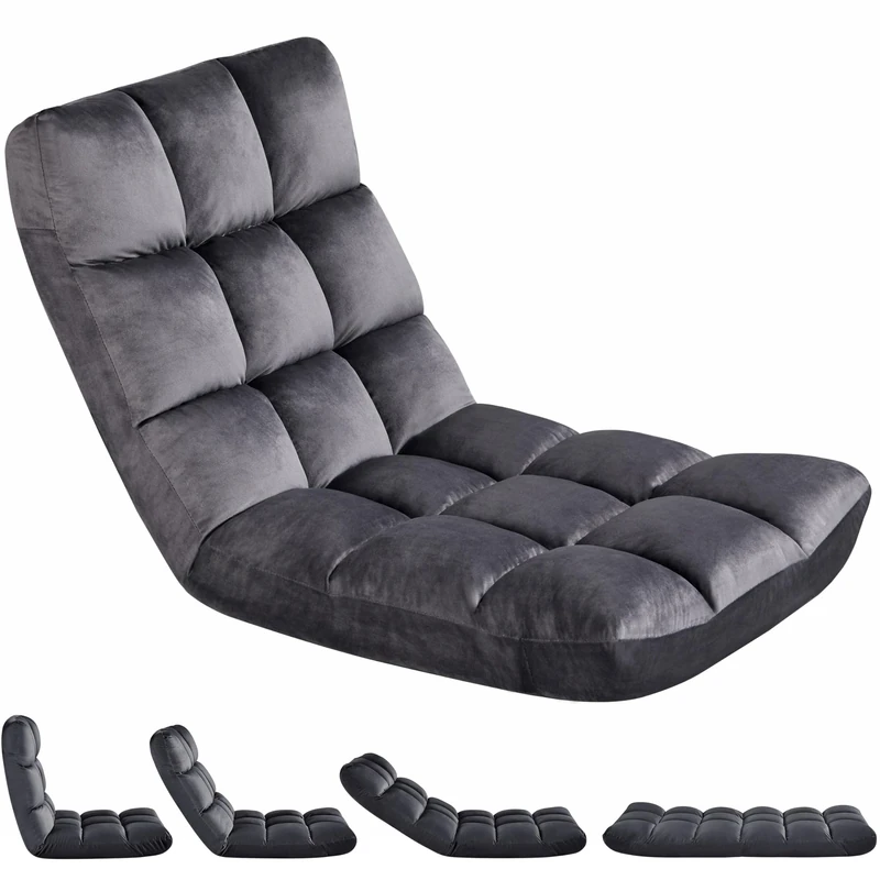 Yaheetech Floor Chair with Back Support, Comfy Floor Sofa for Adult, Floding Lounge Chair with 14 Adjustable Positions for Lounge, Gaming Reading and Meditation, Gray