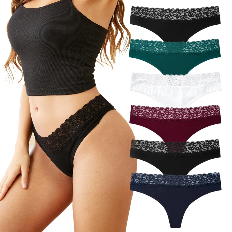 INNERSY Womens Thongs Lace Underwear Sexy Thong Ladie G String Cotton Tanga knickers 6 Pack (12, 5 Dark Colours/1 White)