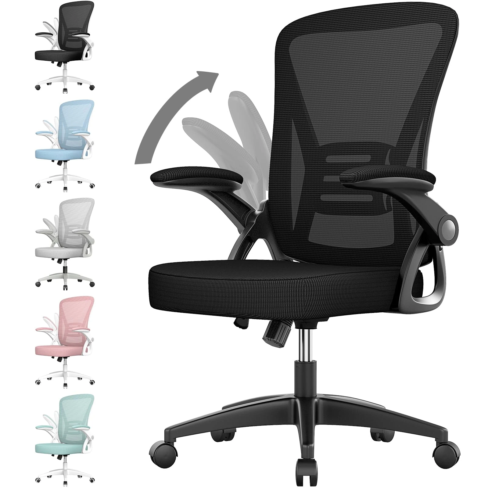 rattantree Office Chair, Mid Back Ergonomic Desk Chair with Flip-up Armrest, Computer Swivel Chair with Back Support, Adjustable Conference Executive Manager for Home/Office Use