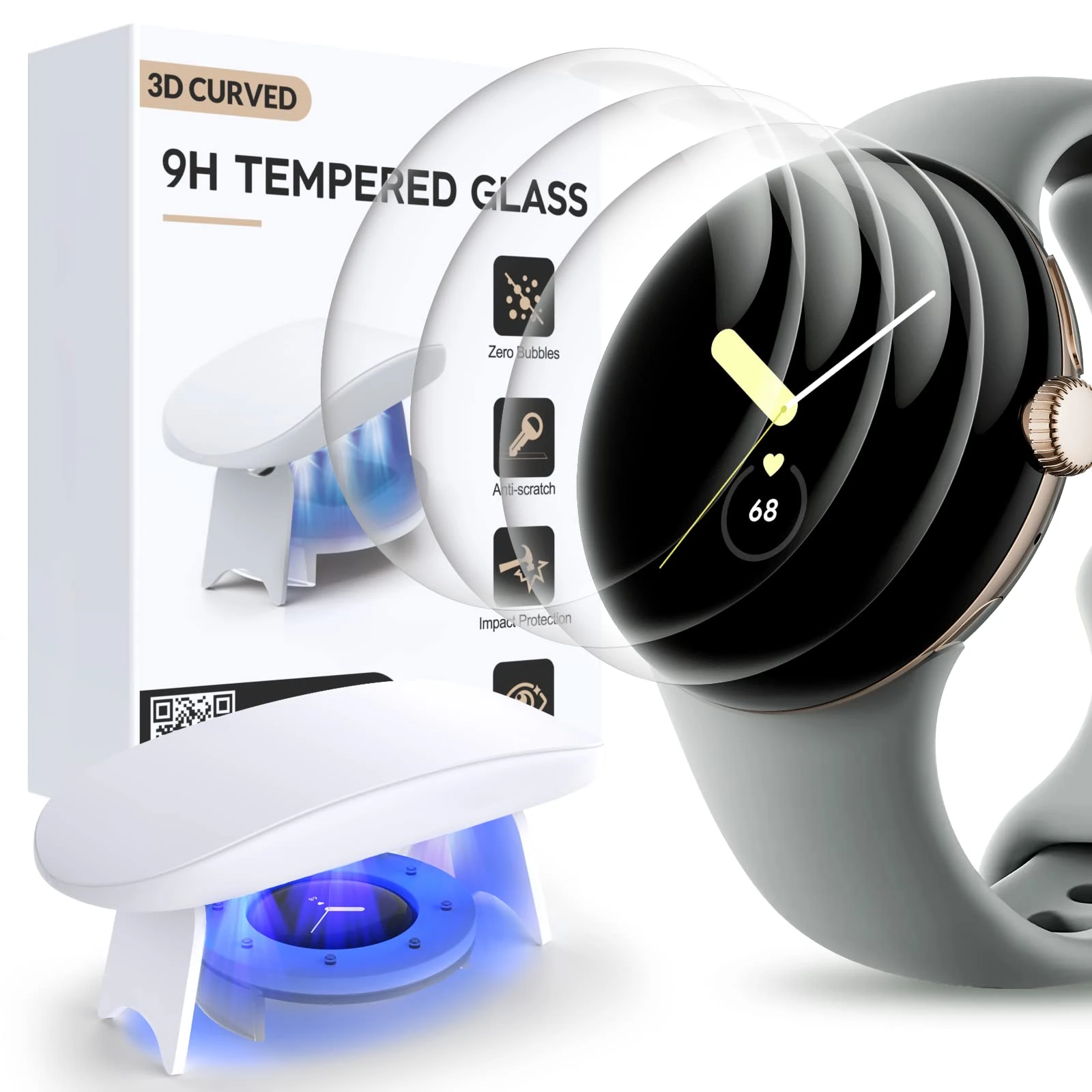 Flokinice 3 Pack for Google Pixel Watch - 9H Tempered Glass Screen Protector, Waterproof, Bubble Free, Anti-Scratch, Infinite HD Shield