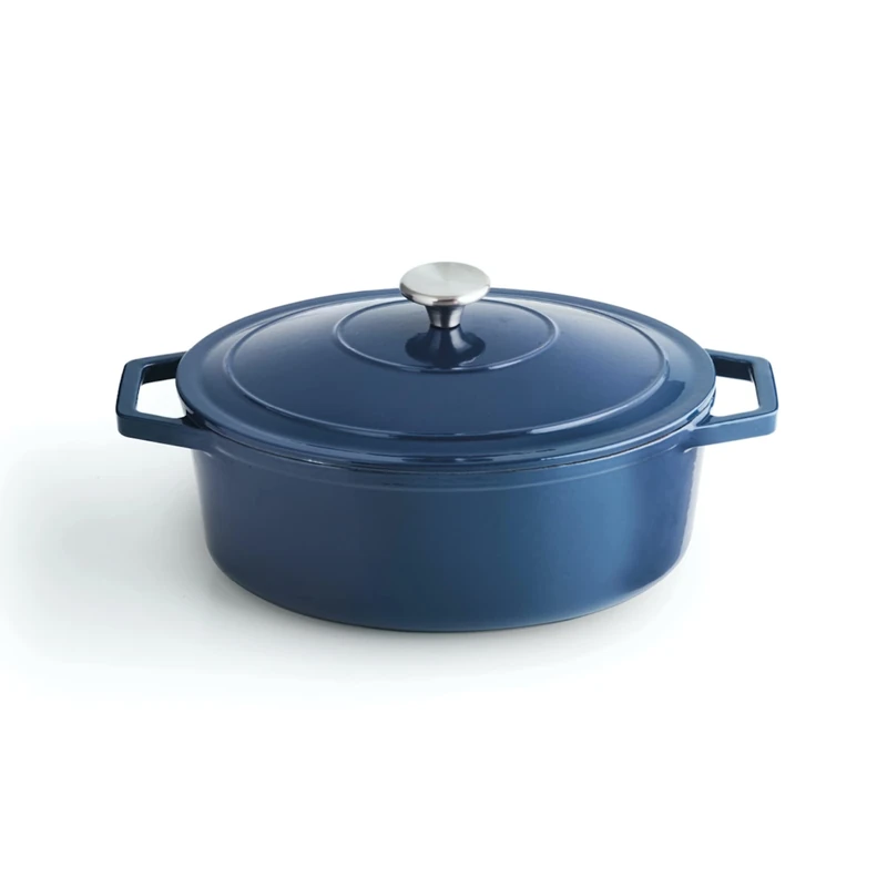 Qulinart by Brandt Cast Steel Casserole Dish Individual Cast Iron Lid with Stainless Steel Knob – Suitable for Induction – Oven Safe – Blue (Oval)