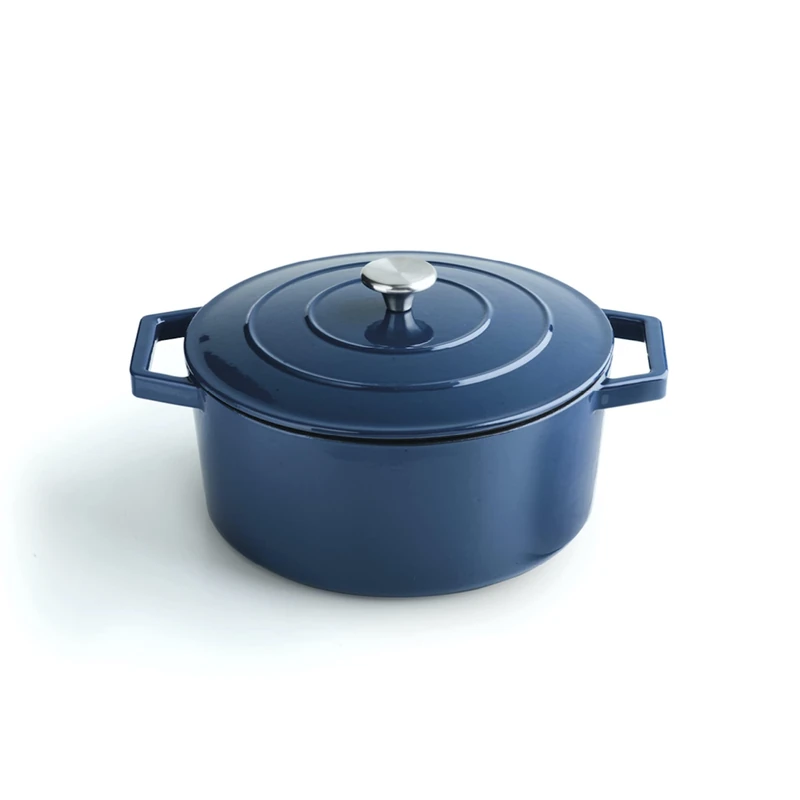 Qulinart by Brandt Cast Steel Casserole Dish Round Individual 28 cm Capacity 6.8 L Cast Iron Lid with Stainless Steel Knob Suitable for Induction Oven Safe Blue