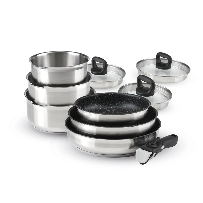 Qulinart by Brandt 10-Piece Stainless Steel Cookware Set, 3 Pots 16/18/20 cm + 3 Non-Stick Frying Pans 20/24/26 cm + 3 Strainer Lids with Bakelite Handle 16/18/20 cm + 1 Removable Handle