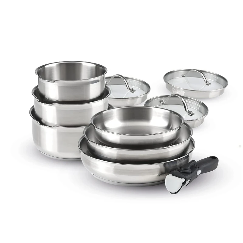 Qulinart by Brandt 10-Piece Induction Cookware Set - Set of 3 Saucepans, 3 Frying Pans and 3 Lids Strainers with Removable Handle - Stainless Steel - Set for All Heat Sources - Silver