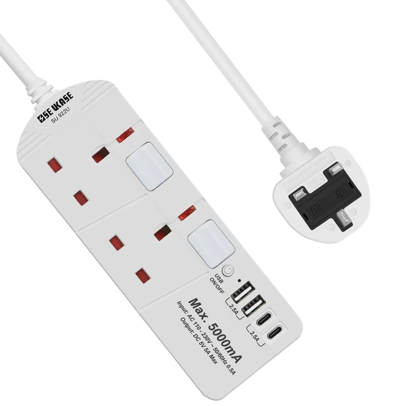 SE UKASE Extension Lead with USB Slots(5V/5A), 2 Way Plug Sockets with Individual Switches USB and Type C, Wall Mount Design with 2M Extension Cable 2990W