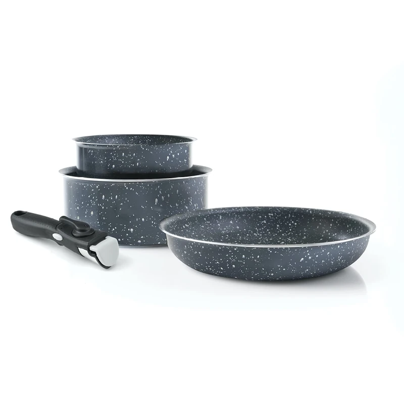 Qulinart by Brandt 194-009 4-Piece Cookware Set, Set of 2 Cooking Pots, Aluminium, 16/20 cm, Grey Marble and 1 Sauté Pan 24 cm, Marble Grey Aluminium - Image 1