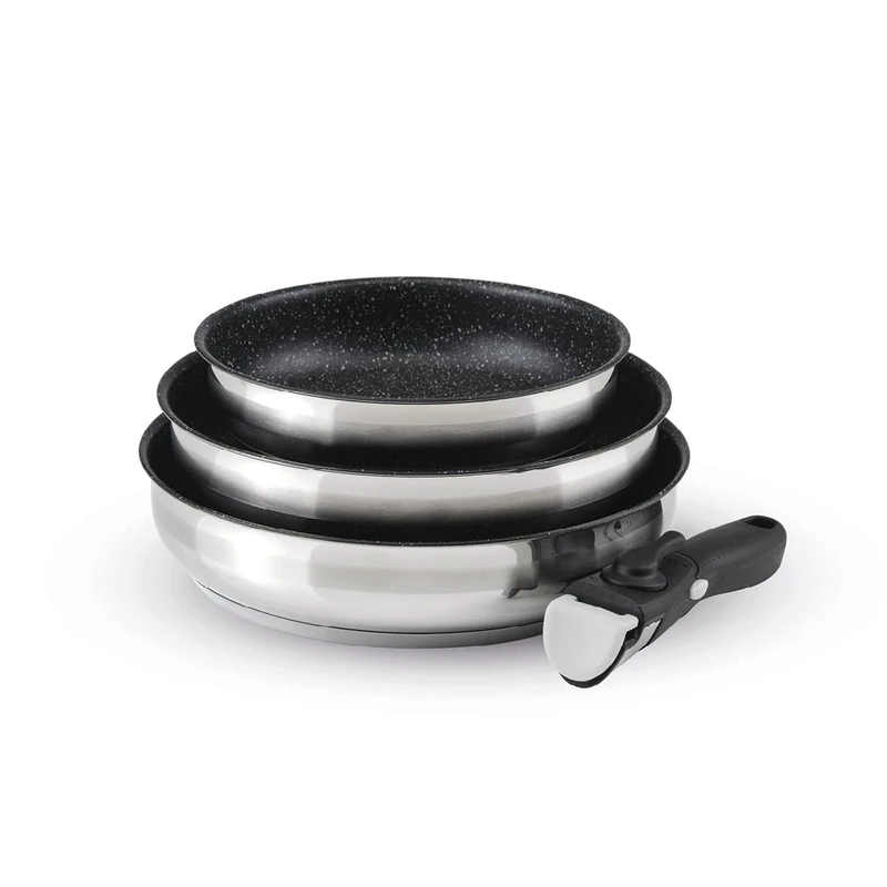 Qulinart - 4-Piece Induction Cookware Set - Set of 3 Non-Stick Frying Pans 20, 24 and 26 cm with Removable Handle - Stainless Steel - All Heat - PFOA Free - Silver/Black