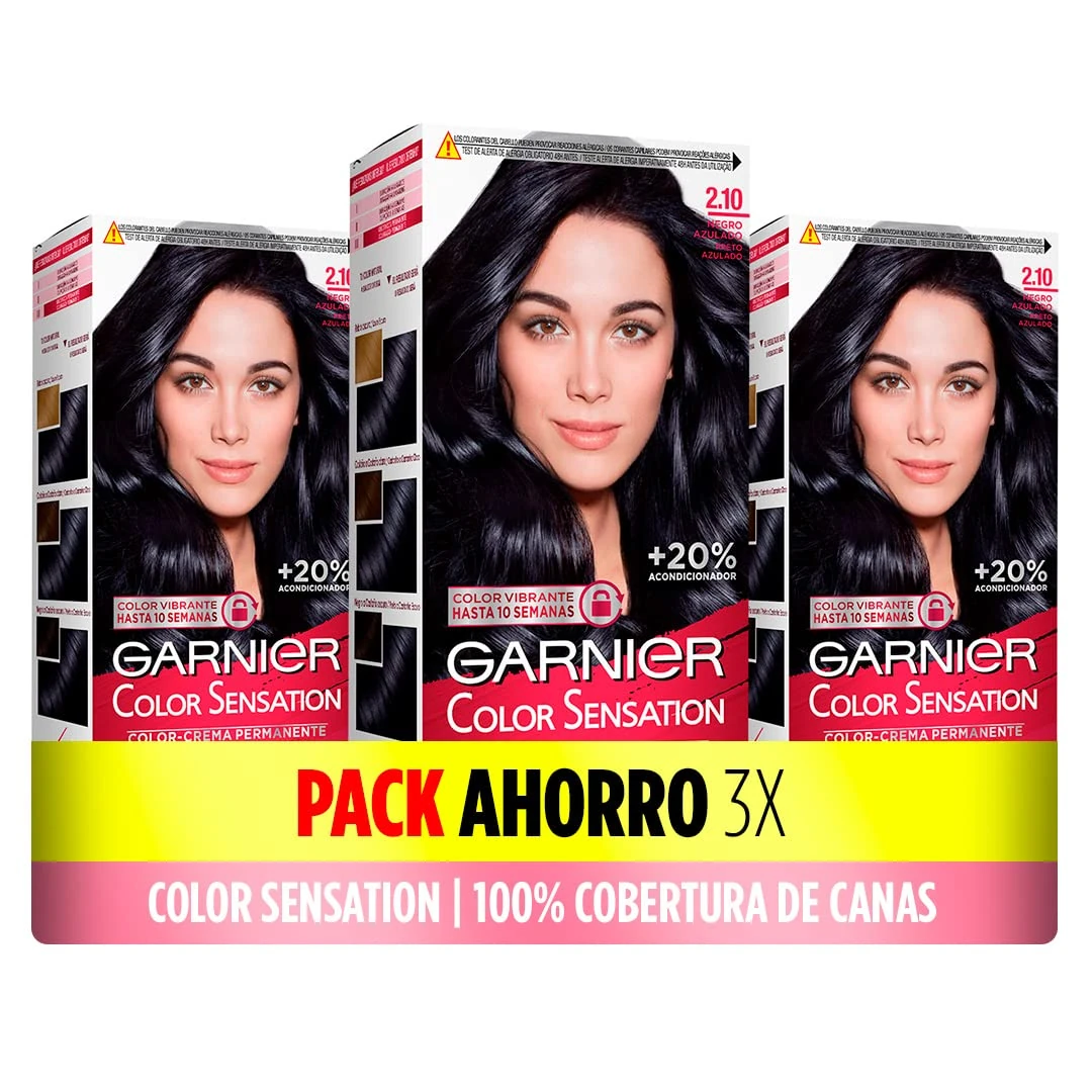 Garnier Color Sensation Pack of 3 Dye Boxes: Long-Lasting and Vivid Colour, Full Grey Coverage, Easy Bowl and Brush Application, Silky Soft Hair, 2.10 Blue Black