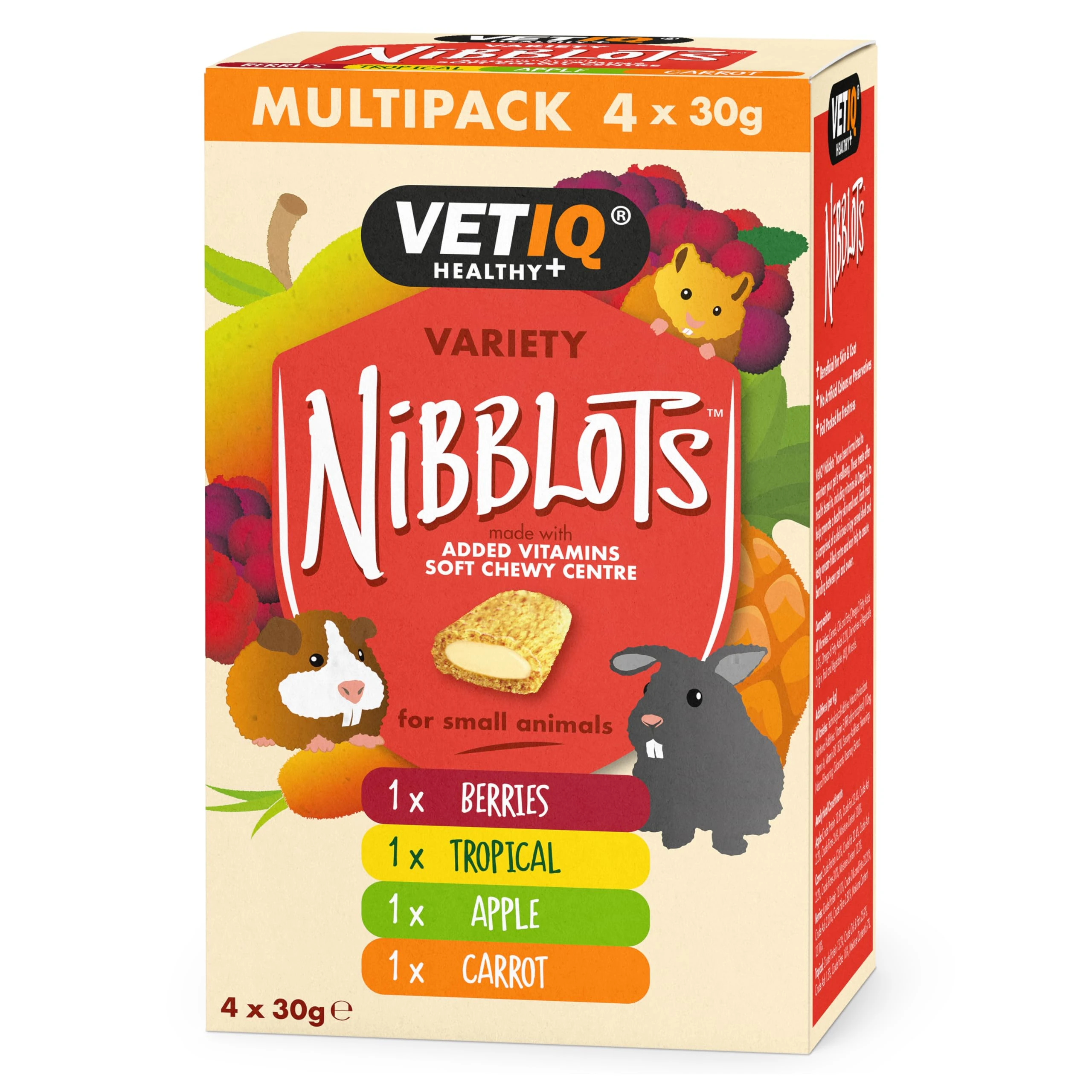 VETIQ Nibblots Treats Variety Pack with Added Vitamins in a Soft Chewy Centre for Small Animals, Suitable For Rabbits, Guinea Pigs & Hamsters, 30 g (Pack of 4)