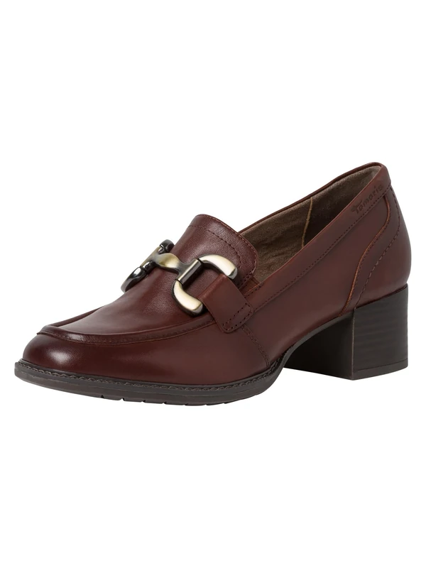 Tamaris Comfort Women’s Loafers with Heel Leather Block Heel Comfort Fit , Chestnut, 5 UK
