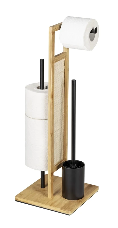 WENKO Stand Rivalta Allegre Freestanding Toilet Brush and Toilet Roll Holder, Bamboo, Rattan and Black Matt Lacquered Steel, 25 x 73 x 25 cm, Natural