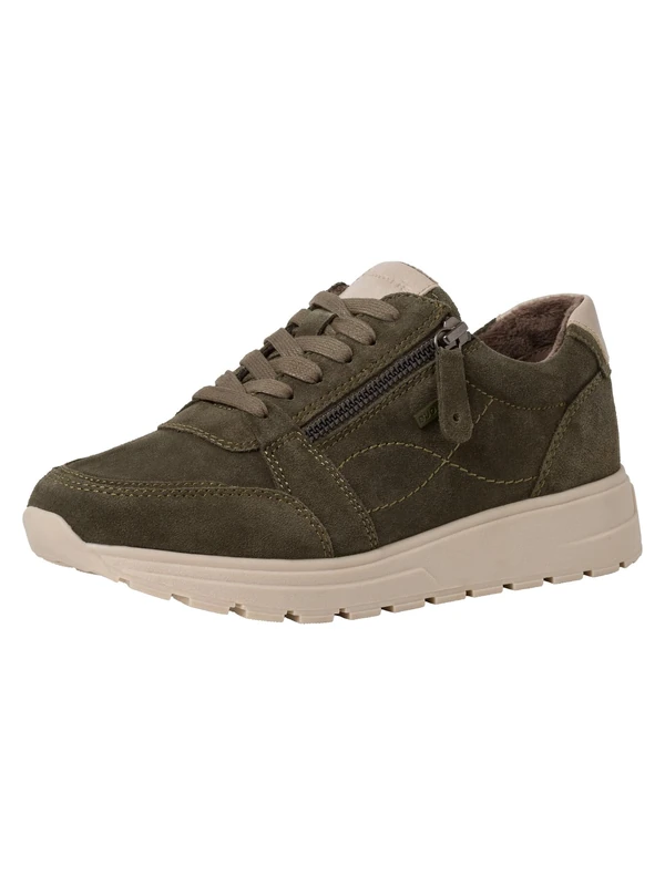 Tamaris Comfort Women’s Flat Leather Sneakers Comfort Fit , Khaki Suede, 6,5 UK