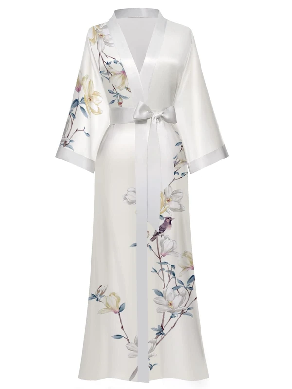 Moreone Women's Silk Kimono Robes Long Bathrobes Female Sleepwear Floral Print Wedding Robe Nightgown Satin Bridesmaid Robes, 4-white, One Size