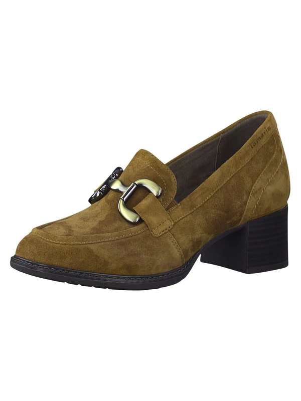 Tamaris Comfort Women’s Loafers with Heel Leather Block Heel Comfort Fit , Camel Suede, 5 UK