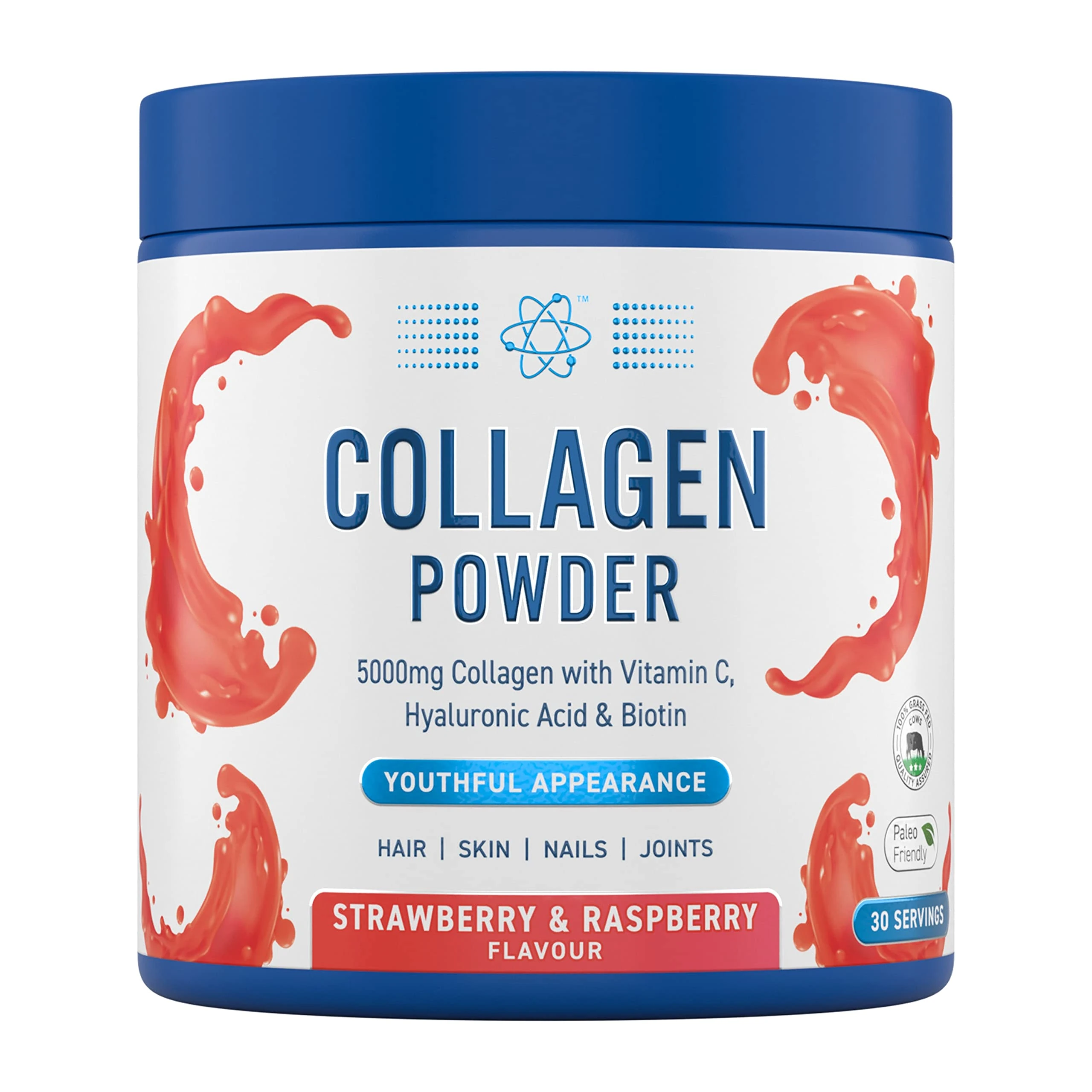 Applied Nutrition Collagen Powder - Strawberry & Raspberry Flavour - 5000mg Hydrolysed Bovine Flavoured Collagen Peptides with Vitamin C, Hyaluronic Acid & Biotin (165g - 30 Servings)