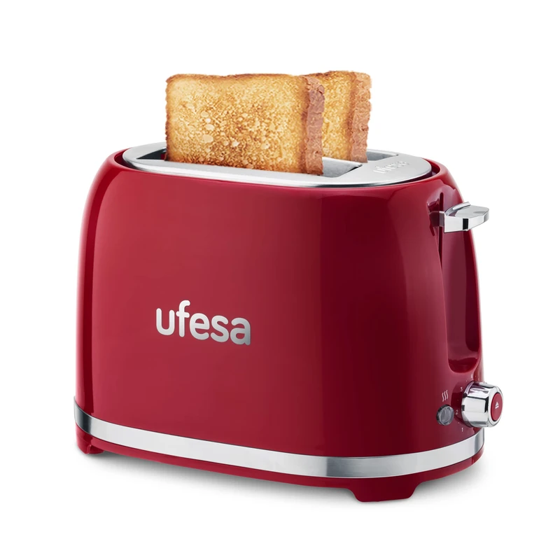 Ufesa Classic Pinup Tostador de 2 Ranuras Anchas Vintage, 850W, 7 Niveles, Función Recalentar, Descongelar y Cancelar, Bandeja Recogemigas, Rojo
