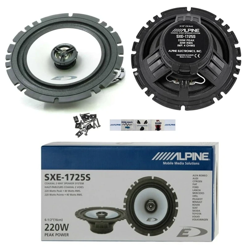 2 ALPINE SXE-1725S Speakers 2-Way Coaxial 16.5 cm 165 mm 6.5" 40 watt rms 220 watt max for standard car door housings, per pair + 5 free mounting stickers and screws