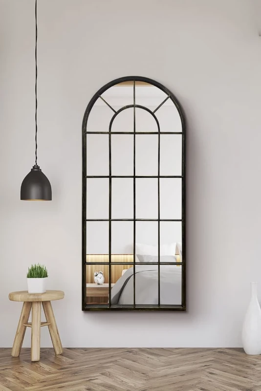 Large New Black Multi Panelled Arched Window Indoor and Outdoor Mirror 5ft3 x 2ft5 160cm x 75cm