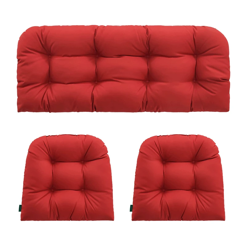 YOOZEKU Outdoor/Indoor All Weather Tufted Wicker Chair Cushions of 3 Pieces, 1 Loveseat and 2 U-Shape Waterproof Cushions for Patio Furniture,Wicker Loveseat,Bench-Red