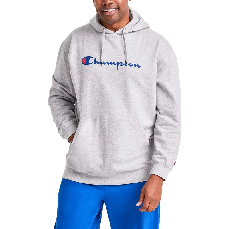 Champion Mens Hoodie, Powerblend, Fleece, Comfortable Sweatshirt for Men (Reg. Or Big & Tall), Oxford Gray Script, Large Tall, L Tall
