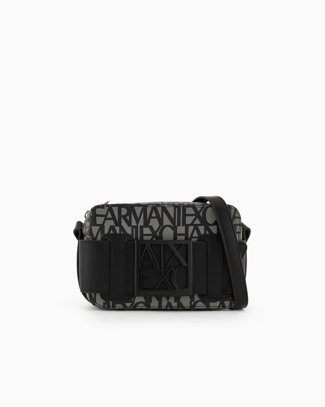 Armani Exchange Women's Logo Placket Top Zip Camera Crossbody Bag case, Beige/Black, One Size