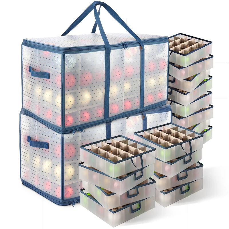 Hearth & Harbor Large Christmas Ornament Storage Box With Adjustable Dividers - Plastic Ornament Storage Container For 128 Holiday Ornaments or Decorations