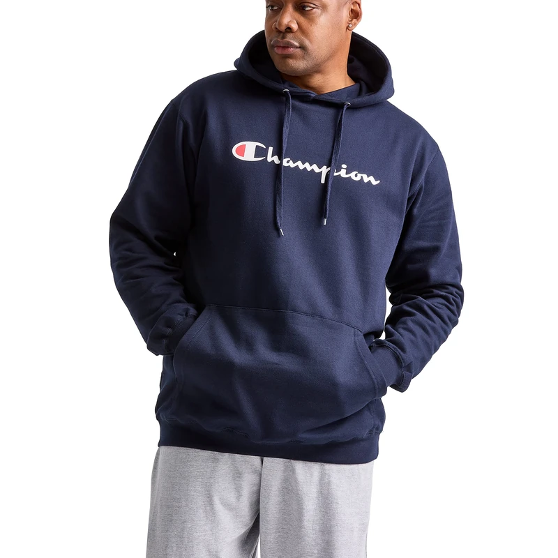 Champion Men's, Powerblend, Fleece Hoodie, Comfortable Sweatshirt, Logo (Reg. Or Big & Tall) Hooded, Navy Script, XXL
