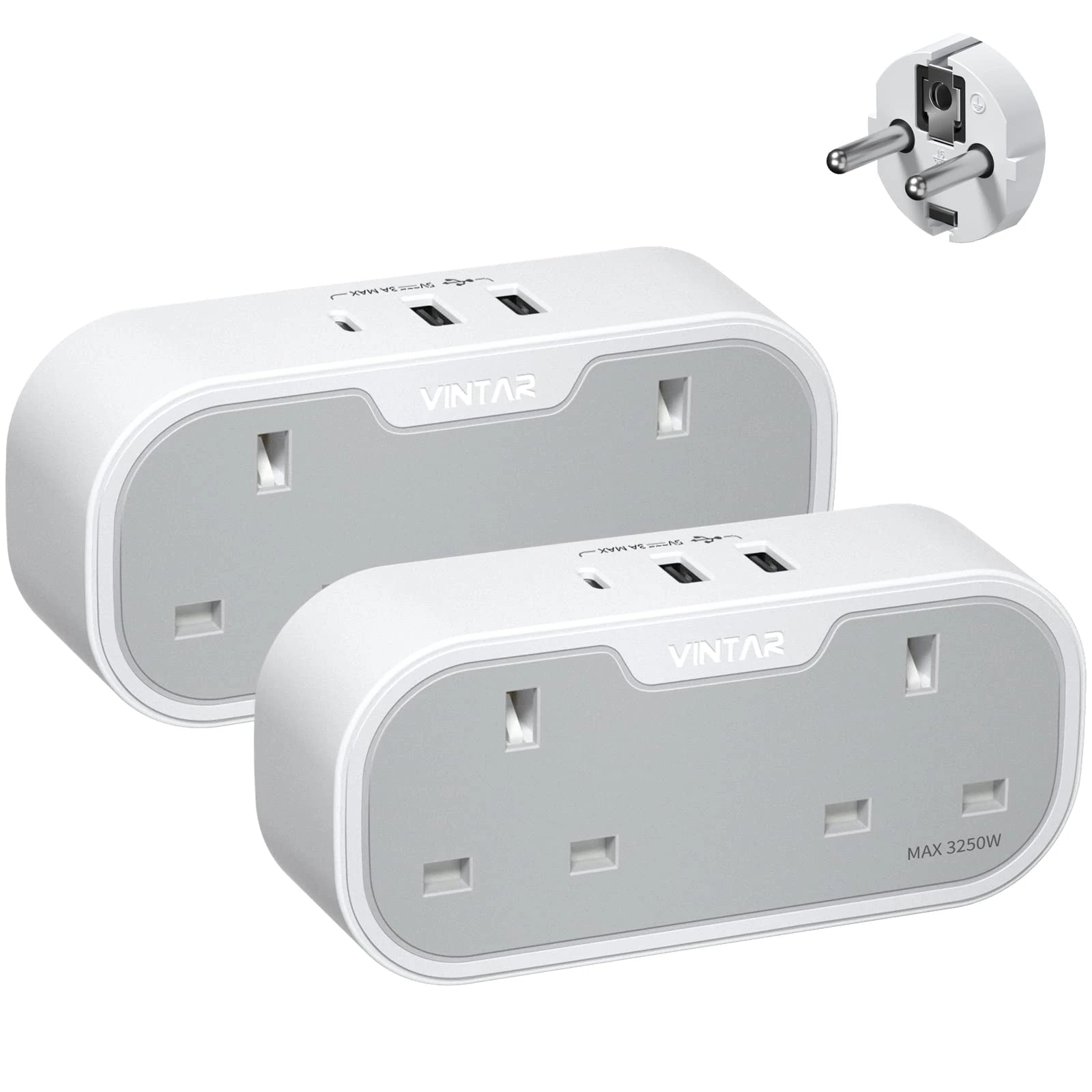 UK to European Plug Adapter, VINTAR 2 Way Grounded Schuko Europe Travel Adapter with 2 USB A 1 USB C Ports, Double Plug Adaptor UK to EU for Germany France Spain Russia and More (Type E/F),2 Packs