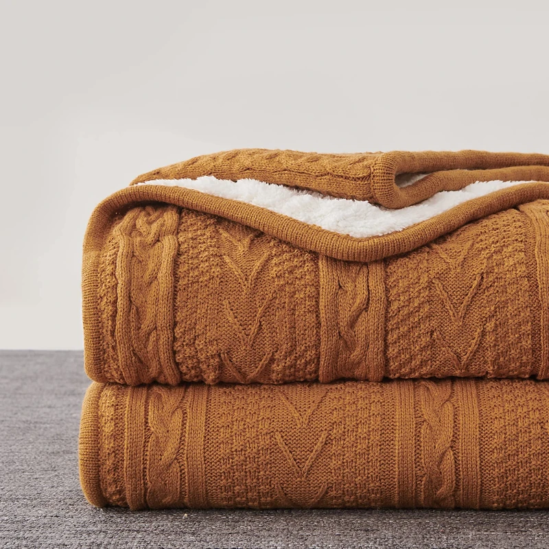 Longhui bedding Acrylic Cable Knit Sherpa Throw Blanket - Thick, Soft, Big, Cozy Burnt Orange Knitted Fleece Blankets for Couch, Sofa, Bed - Large 60 x 80 Inches Coverlet All Season
