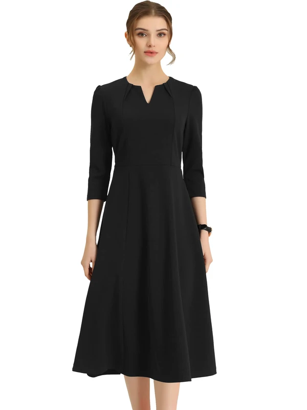 Allegra K Women's 3/4 Sleeve Dresses V Neck Pockets Elegant A-Line Dress Work Business Fall Outfits, Black, M - Image 1