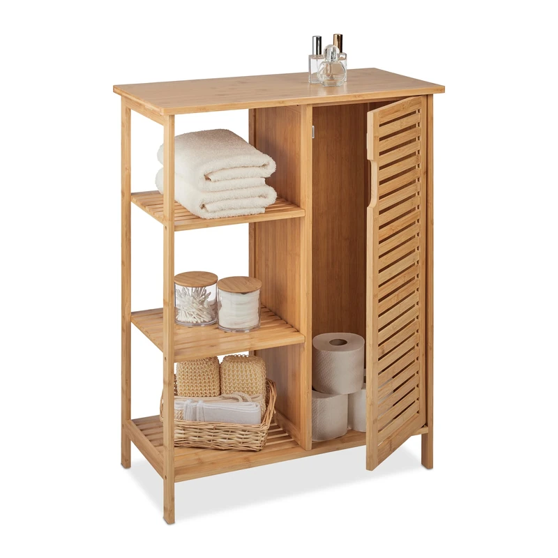 Relaxdays Bamboo Bathroom Cabinet, 3 Open Shelves & Cupboard Compartment, HxWxD: 87.5 x 67 x 33 cm, Standing Shelf, Wood, 87.5x67x33 cm