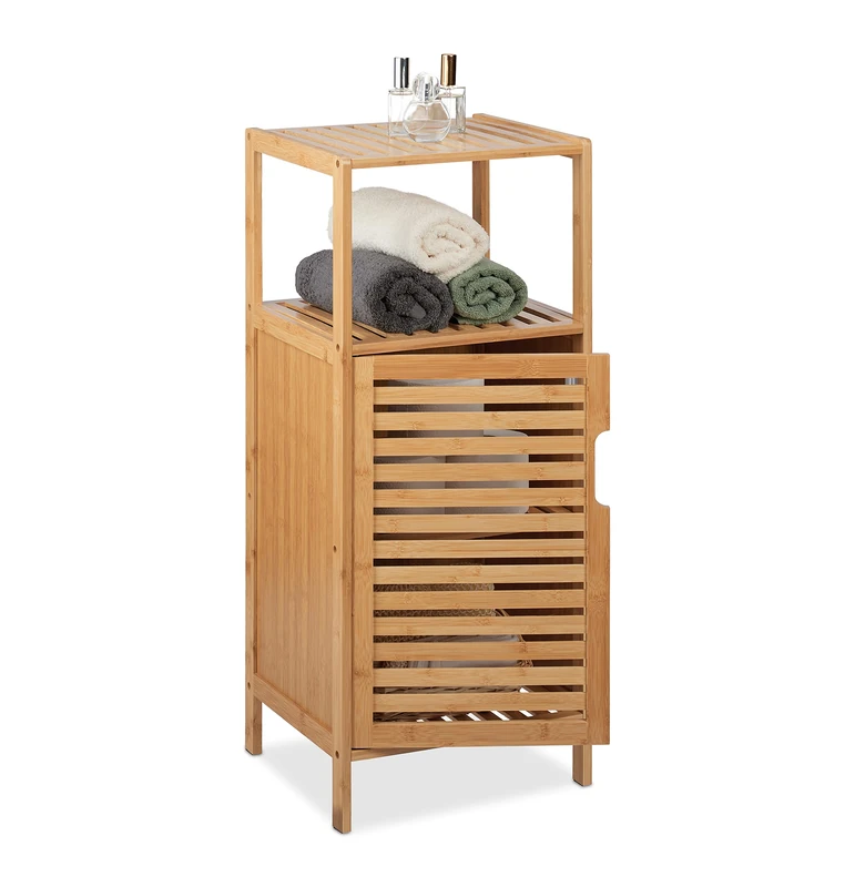 Relaxdays Bathroom Cabinet, HxWxD: 87 x 36.5 x 33 cm, Narrow Shelf with Door, 2 Tiers, Commode, Natural Bamboo