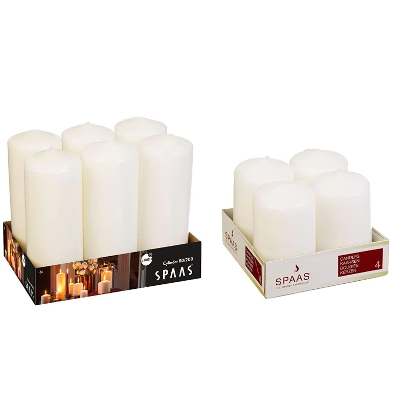 Spaas 6 Unscented Pillar Candle 80/200 mm, 100 Hours- White & Unscented Pillar Candle 50/80 mm, 18 Hours, White
