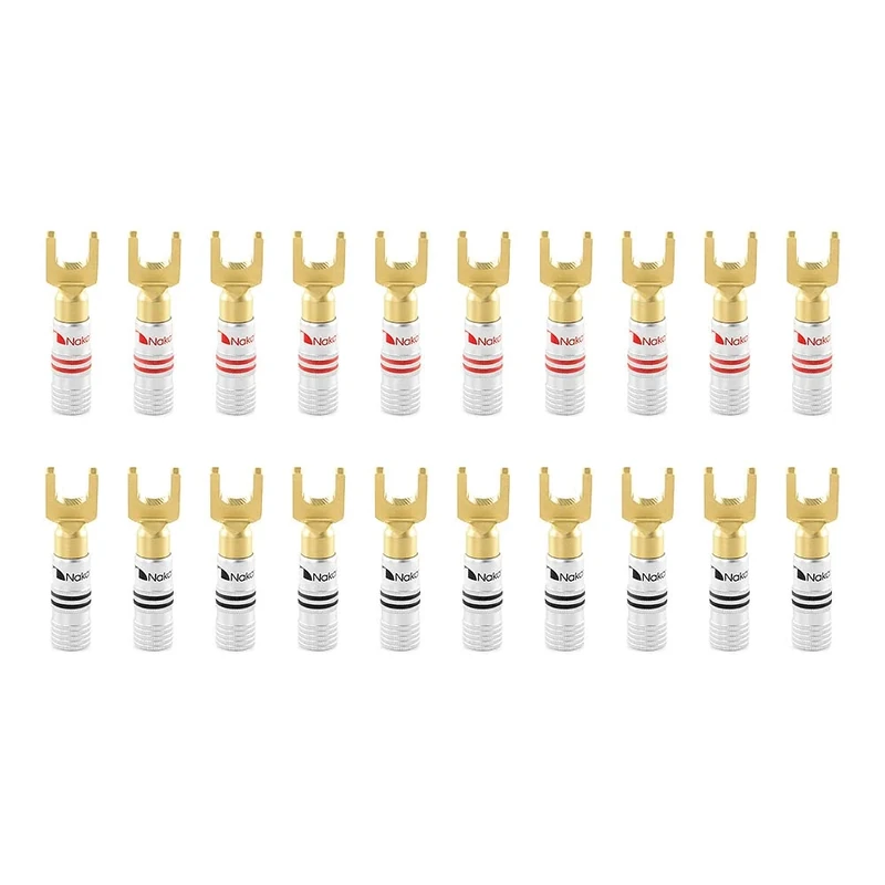 Nakamichi Excel Series 24k Gold Plated Banana Plug 12 AWG - 18 AWG Gauge Size 4mm for Speakers Amplifier Hi-Fi AV Stereo Home Theatre Audio Wire Cable Screw 20 Pcs (10-Pairs), Spade Connector