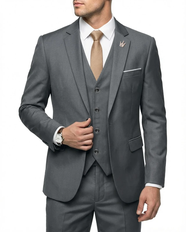 Hihawk Men's 3 Piece Suit with Stretch Fabric, Solid Slim Fit One Button Suit Blazer Set, Jacket Vest Pants with Tie., Deep Grey, Medium