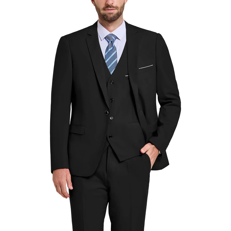 Hihawk Men's 3 Piece Suit with Stretch Fabric, Solid Slim Fit One Button Suit Blazer Set, Jacket Vest Pants with Tie., Black, M