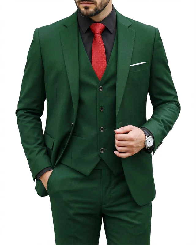 Hihawk Men's 3 Piece Suit with Stretch Fabric, Solid Slim Fit One Button Suit Blazer Set, Jacket Vest Pants with Tie., Deep Green, L
