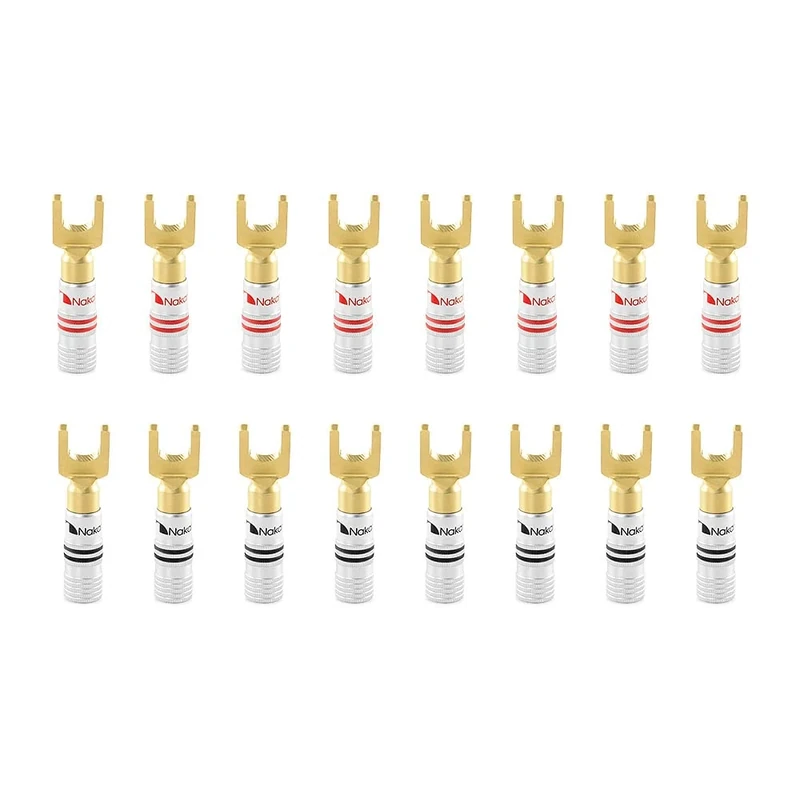 Nakamichi Excel Series 24k Gold Plated Banana Plug 12 AWG - 18 AWG Gauge Size 4mm for Speakers Amplifier Hi-Fi AV Stereo Home Theatre Audio Wire Cable Screw Connector 16 Pcs (8-Pairs), Spade Connector