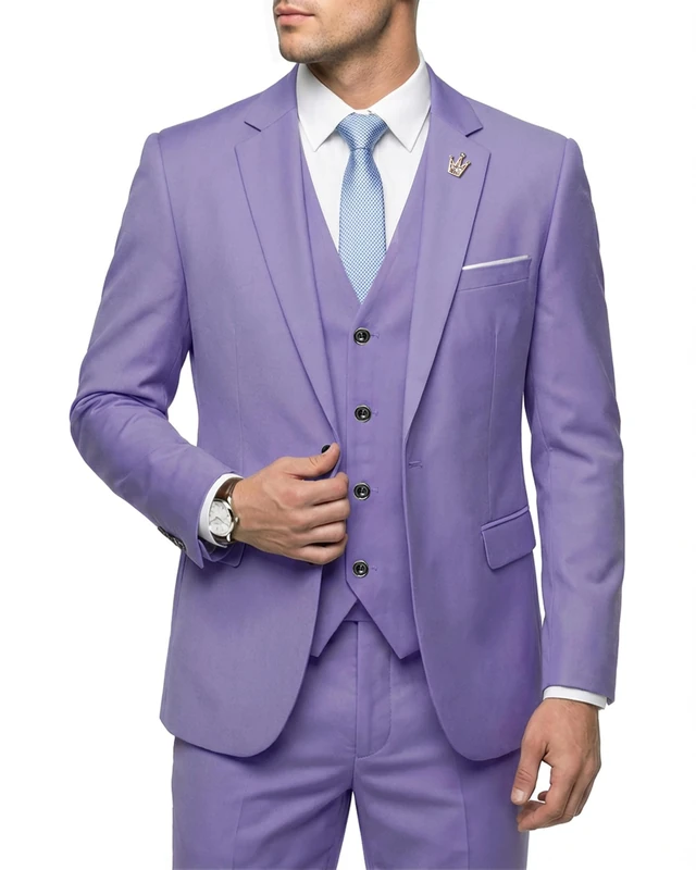 Hihawk Men's 3 Piece Suit with Stretch Fabric, Solid Slim Fit One Button Suit Blazer Set, Jacket Vest Pants with Tie., Purple, M