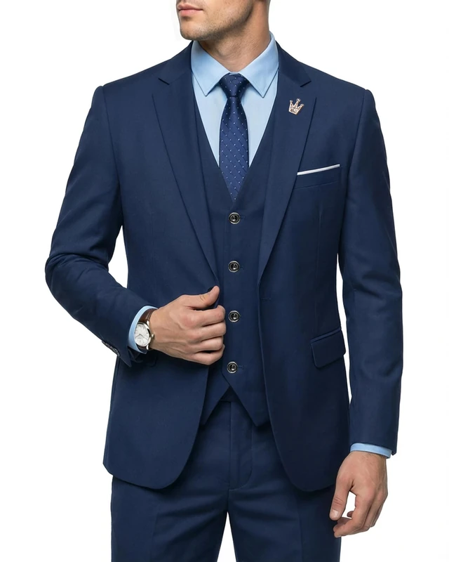 Hihawk Men's 3 Piece Suit with Stretch Fabric, Solid Slim Fit One Button Suit Blazer Set, Jacket Vest Pants with Tie., Deep Blue, Small - Image 1