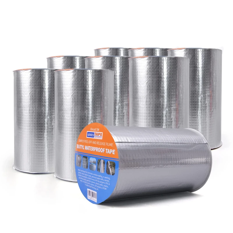 ADHES Waterproof Tape Butyl Tape Aluminum Foil Tape Sealan Tape Outdoor Use,8inch x 5m,for RV Repair, Window, Silicone, Boat and Pipe Sealing, Glass & EDPM Rubber Roof Patching, Silver，9Rolls